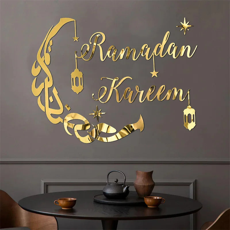 Eid Mubarak Gold Acrylic Mirror Wall Sticker – Ramadan Kareem Large Wall Decal 2026