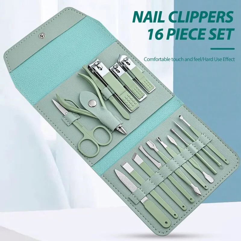 16pc Stainless Steel Nail Clipper & Manicure Set with Folding Bag