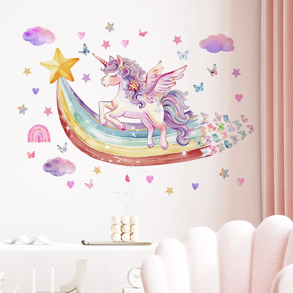 Rainbow Unicorn & Butterfly Wall Stickers – Girls & Kids Bedroom Decor (2pc)