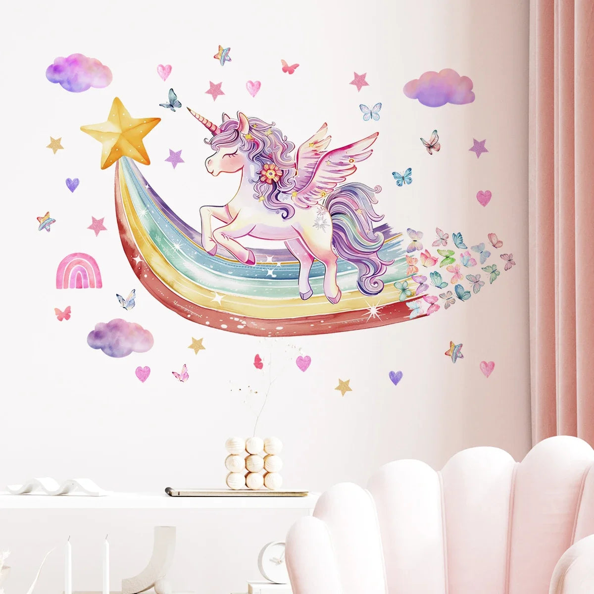 Rainbow Unicorn & Butterfly Wall Stickers – Girls & Kids Bedroom Decor (2pc)
