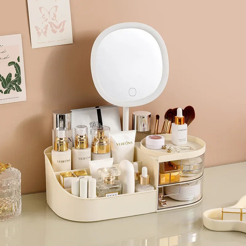 Makeup Organiser with Rechargeable Mirror – Large Capacity Cosmetic Display Case