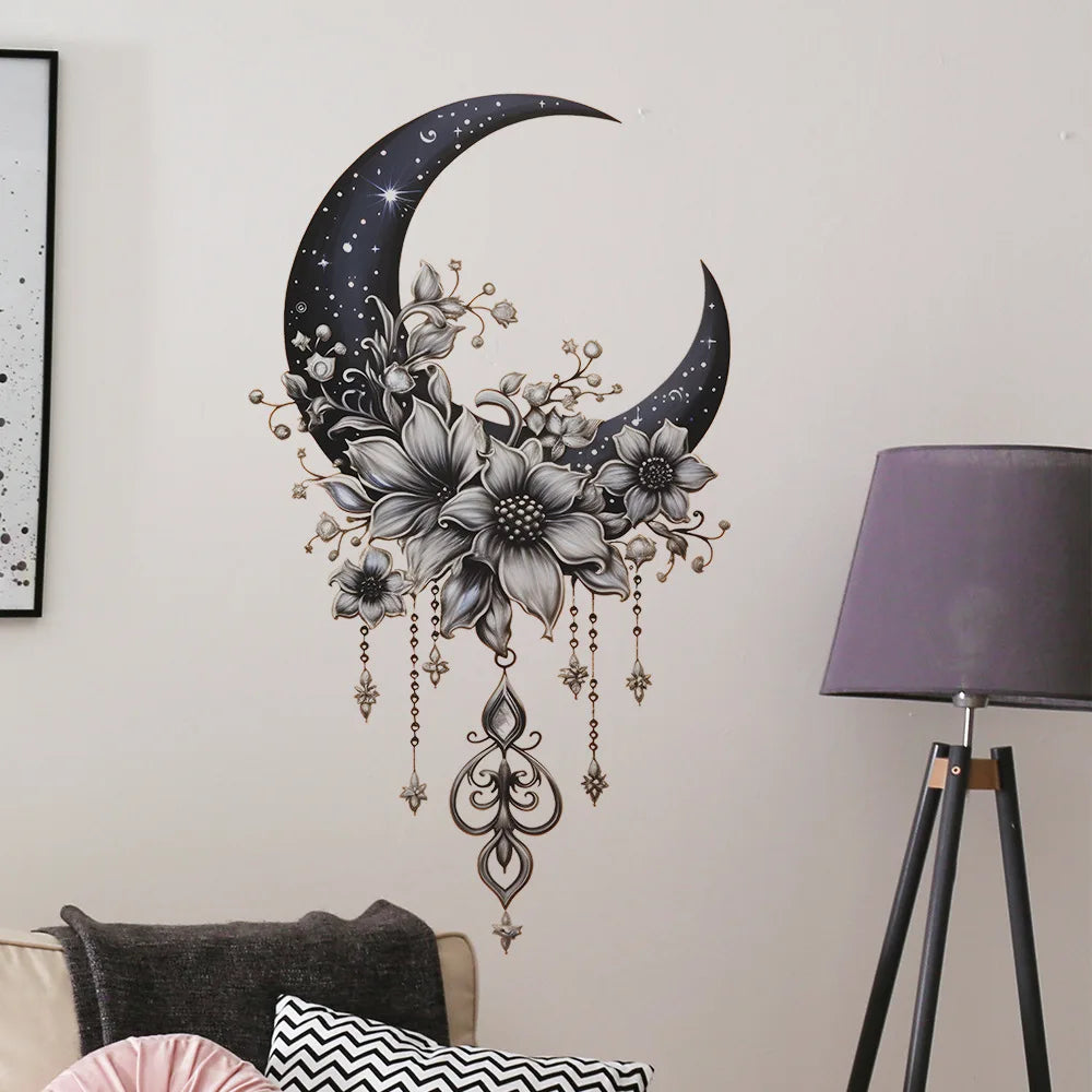 Moon & Flower Vinyl Wall Sticker – Girls Bedroom & Room Decoration