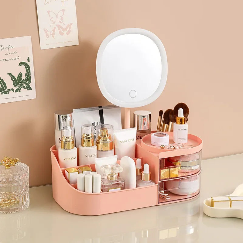 Makeup Organiser with Rechargeable Mirror – Large Capacity Cosmetic Display Case