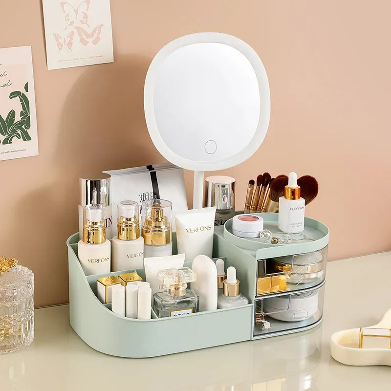 Makeup Organiser with Rechargeable Mirror – Large Capacity Cosmetic Display Case