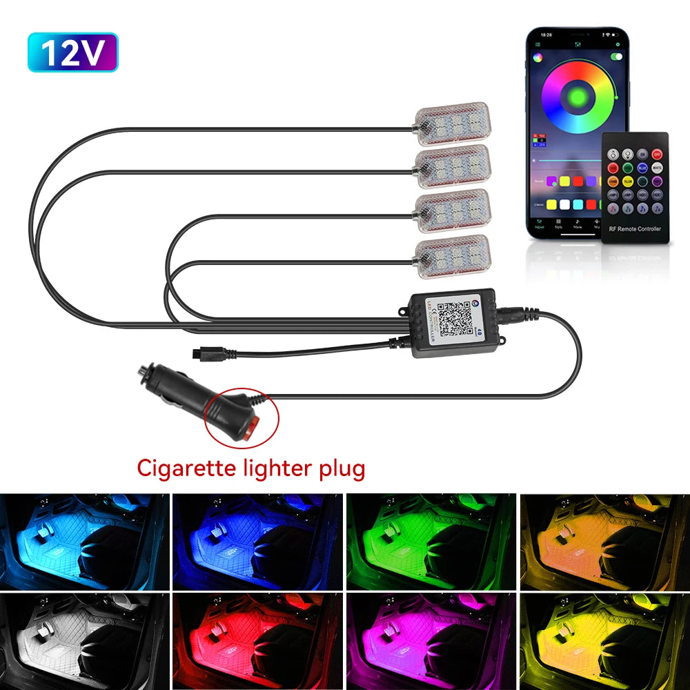LED Car Interior Ambient Foot Light – USB RGB Atmosphere Lamp with App & Music Control