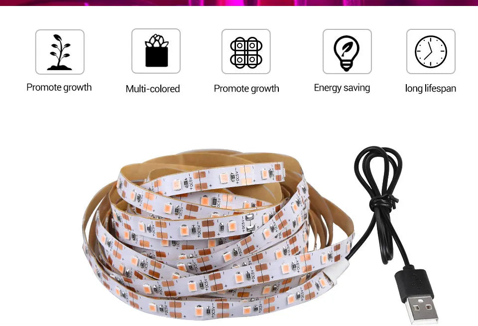 USB LED Grow Light Strip – Full Spectrum Plant Light 2m/3m for Vegetables & Seedlings