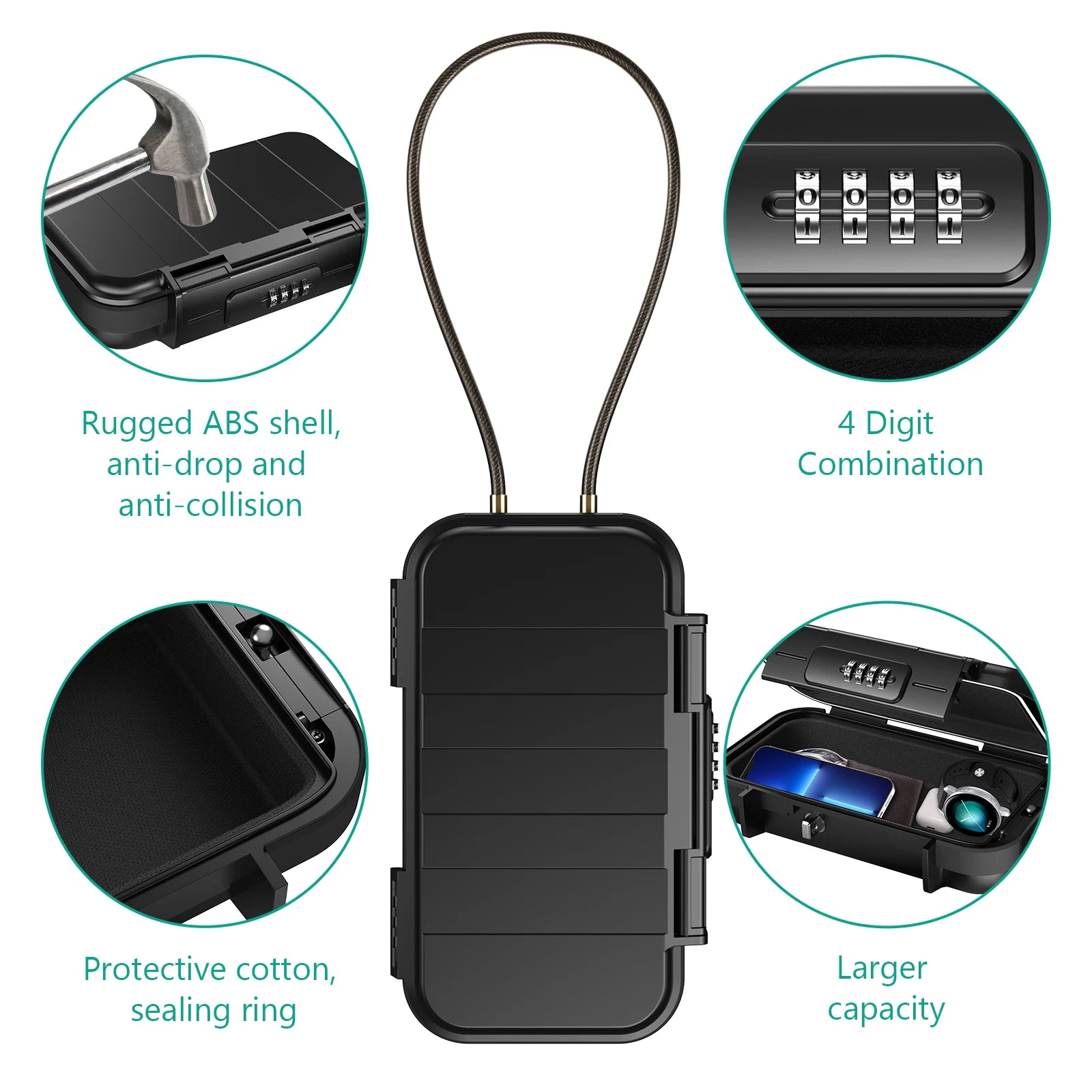 Portable Safe Lock Box with 4-Digit Combination & Rope