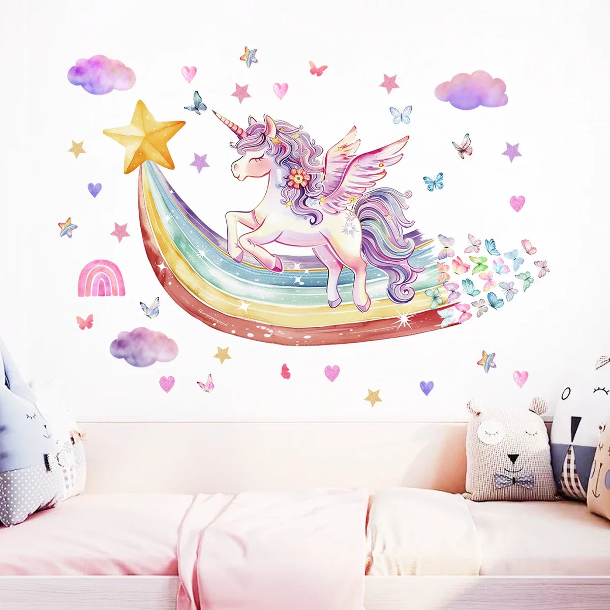 Rainbow Unicorn & Butterfly Wall Stickers – Girls & Kids Bedroom Decor (2pc)