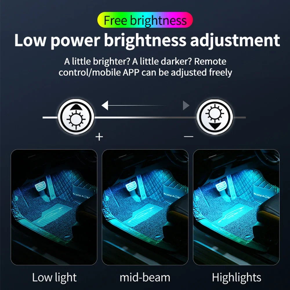 LED Car Interior Ambient Foot Light – USB RGB Atmosphere Lamp with App & Music Control