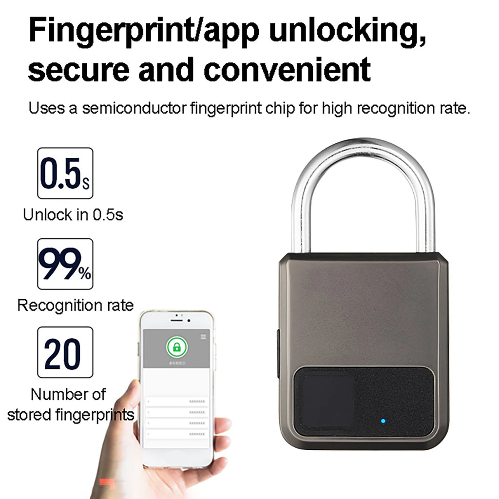 Tuya Smart Fingerprint Padlock - 20 Prints, USB Rechargeable