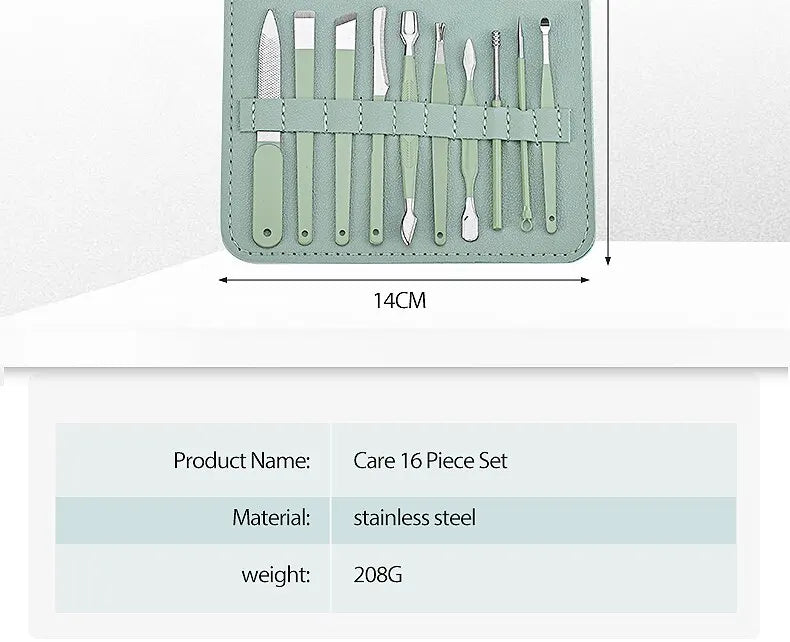 16pc Stainless Steel Nail Clipper & Manicure Set with Folding Bag