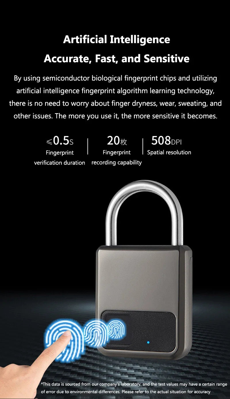 Tuya Smart Fingerprint Padlock - 20 Prints, USB Rechargeable