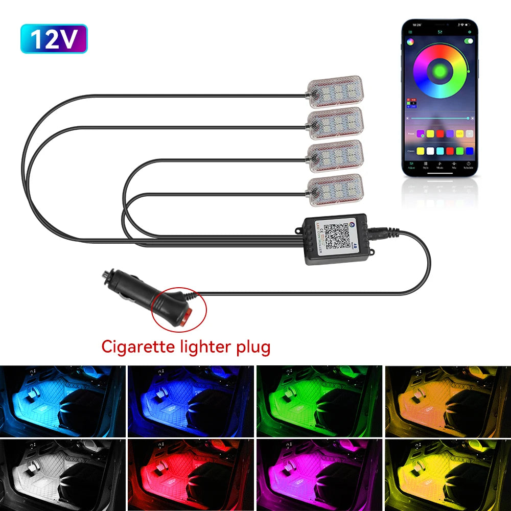 LED Car Interior Ambient Foot Light – USB RGB Atmosphere Lamp with App & Music Control