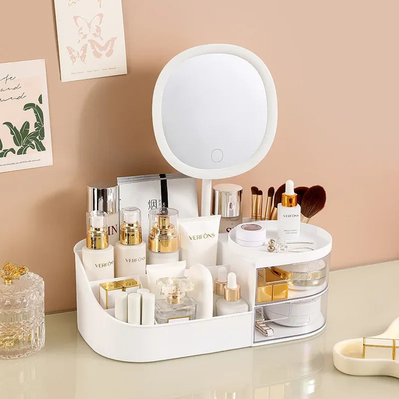 Makeup Organiser with Rechargeable Mirror – Large Capacity Cosmetic Display Case