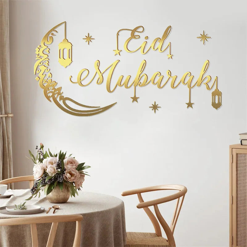 Eid Mubarak Gold Acrylic Mirror Wall Sticker – Ramadan Kareem Large Wall Decal 2026