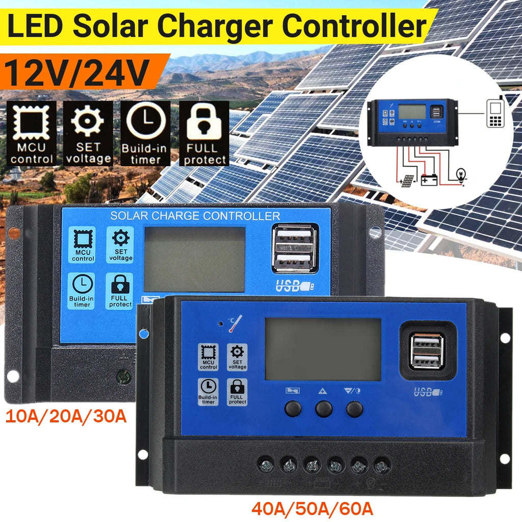 PWM Solar Charge Controller 12V/24V – 10A–60A LCD Battery Panel Regulator