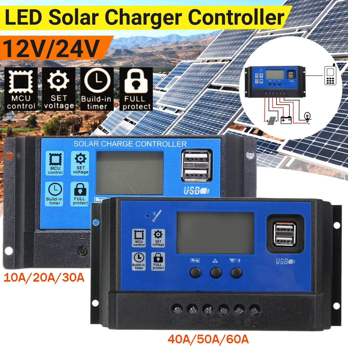 PWM Solar Charge Controller 12V/24V – 10A–60A LCD Battery Panel Regulator