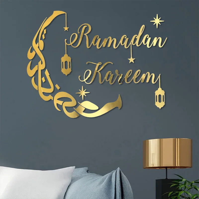 Eid Mubarak Gold Acrylic Mirror Wall Sticker – Ramadan Kareem Large Wall Decal 2026