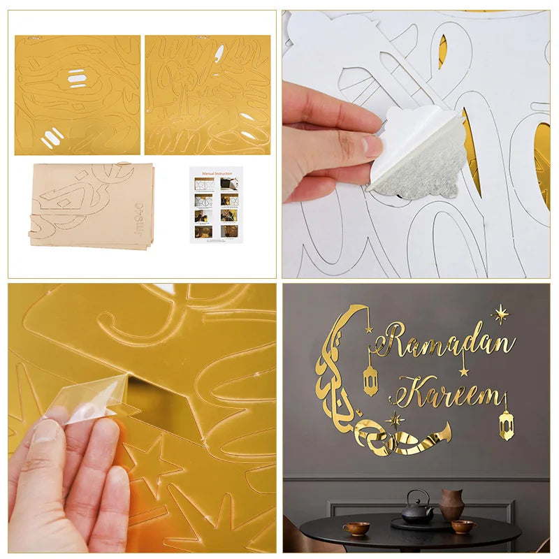 Eid Mubarak Gold Acrylic Mirror Wall Sticker – Ramadan Kareem Large Wall Decal 2026