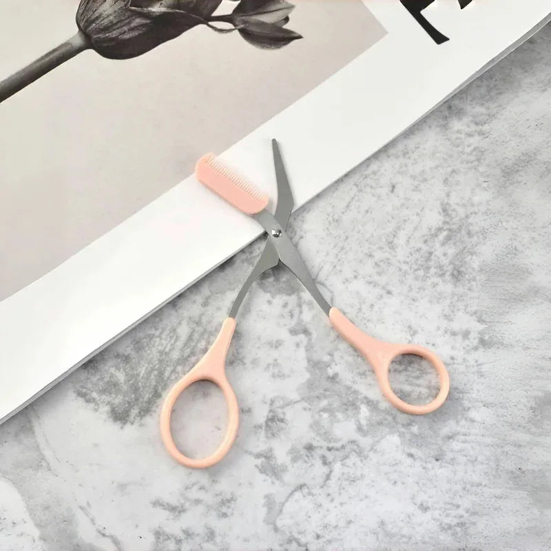 Pink Eyebrow Scissors with Built-In Comb – Stainless Steel Grooming Tool