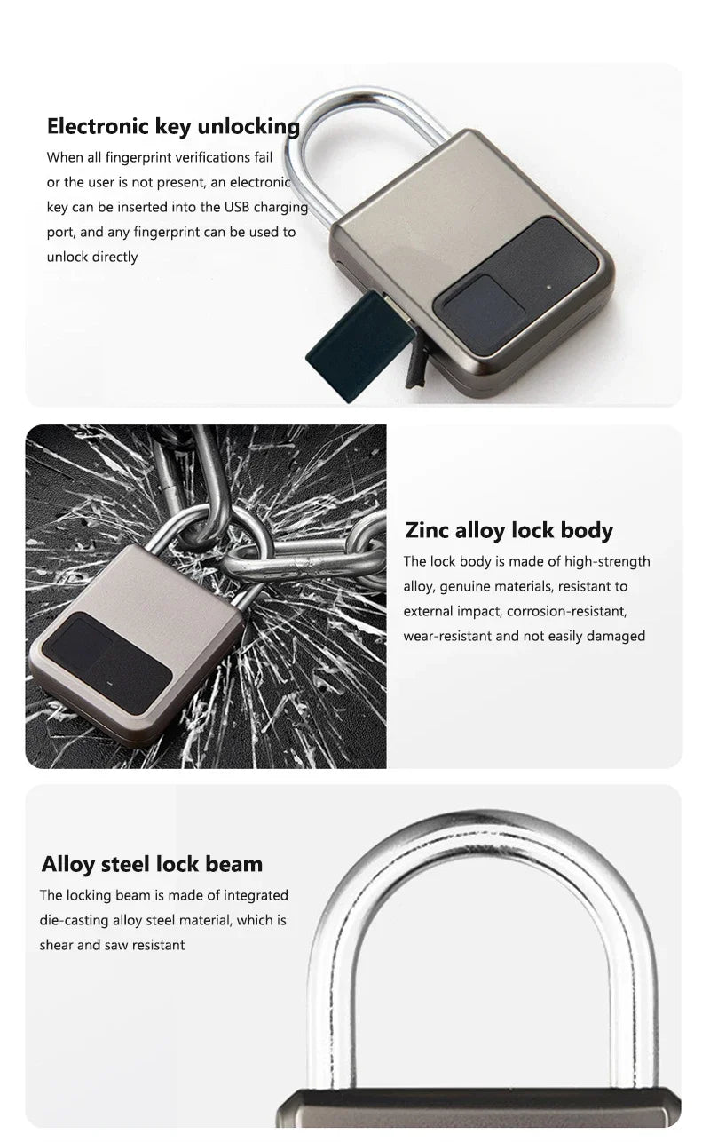 Tuya Smart Fingerprint Padlock - 20 Prints, USB Rechargeable