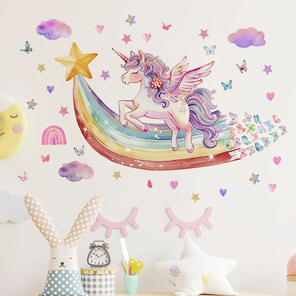 Rainbow Unicorn & Butterfly Wall Stickers – Girls & Kids Bedroom Decor (2pc)