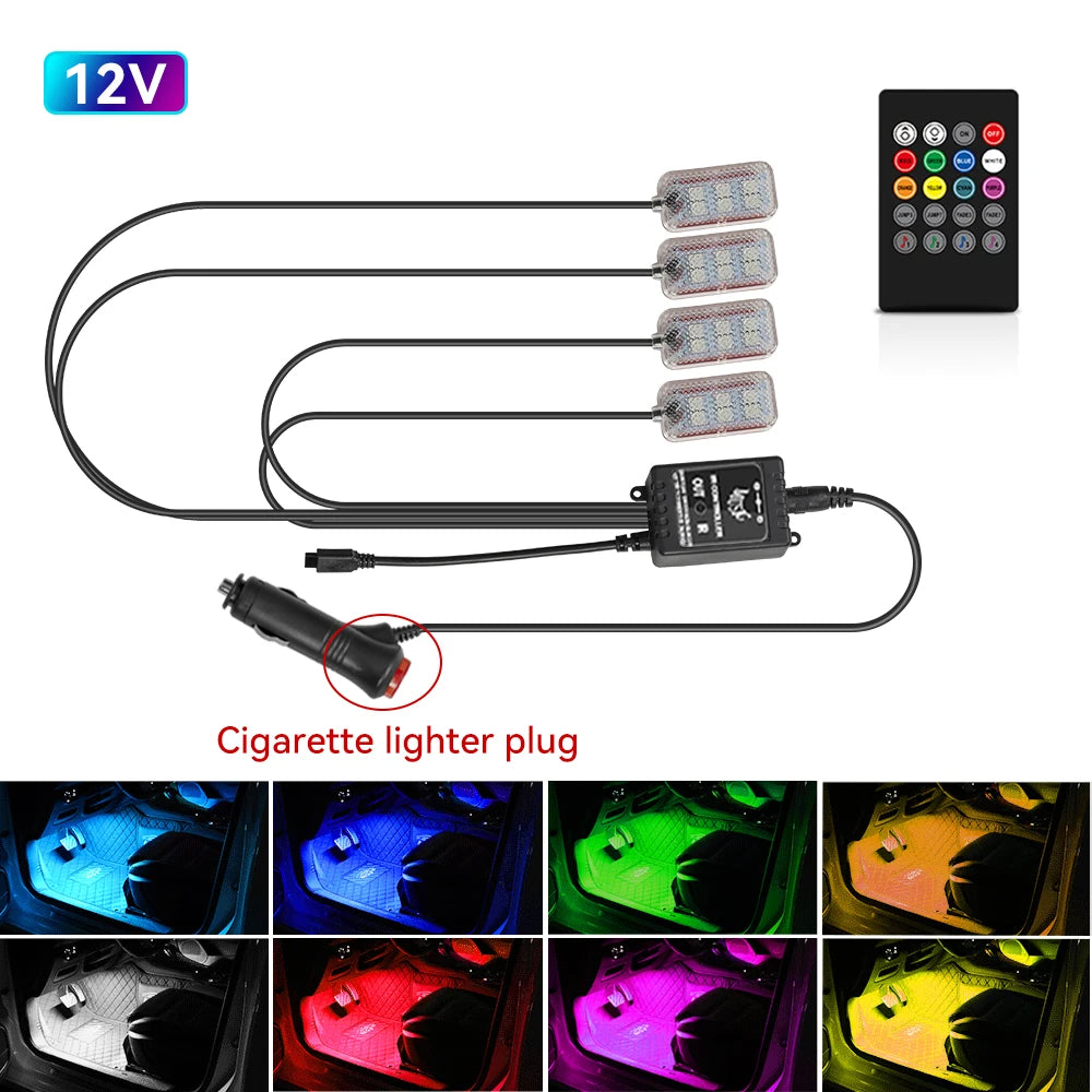 LED Car Interior Ambient Foot Light – USB RGB Atmosphere Lamp with App & Music Control
