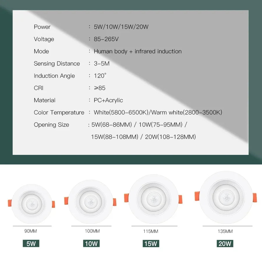 Recessed LED Downlight with Motion Sensor 5W–20W – Energy Saving Ceiling Spotlight