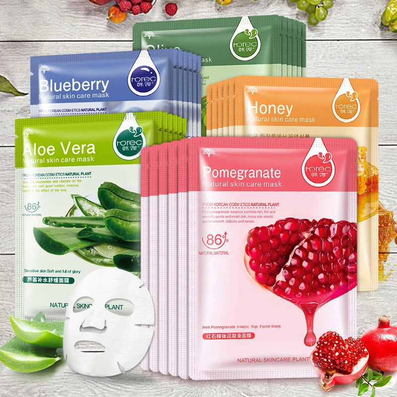 Natural Plant Sheet Face Masks - Moisturising, Anti-Ageing & Oil Control (10 Pack)