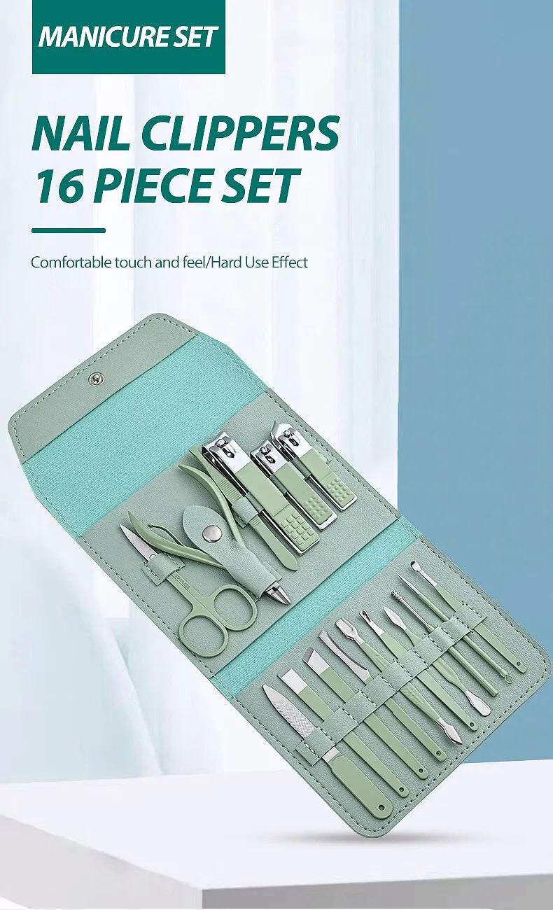 16pc Stainless Steel Nail Clipper & Manicure Set with Folding Bag