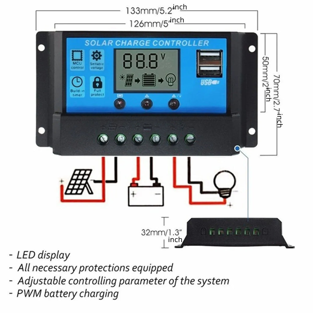 PWM Solar Charge Controller 12V/24V – 10A–60A LCD Battery Panel Regulator