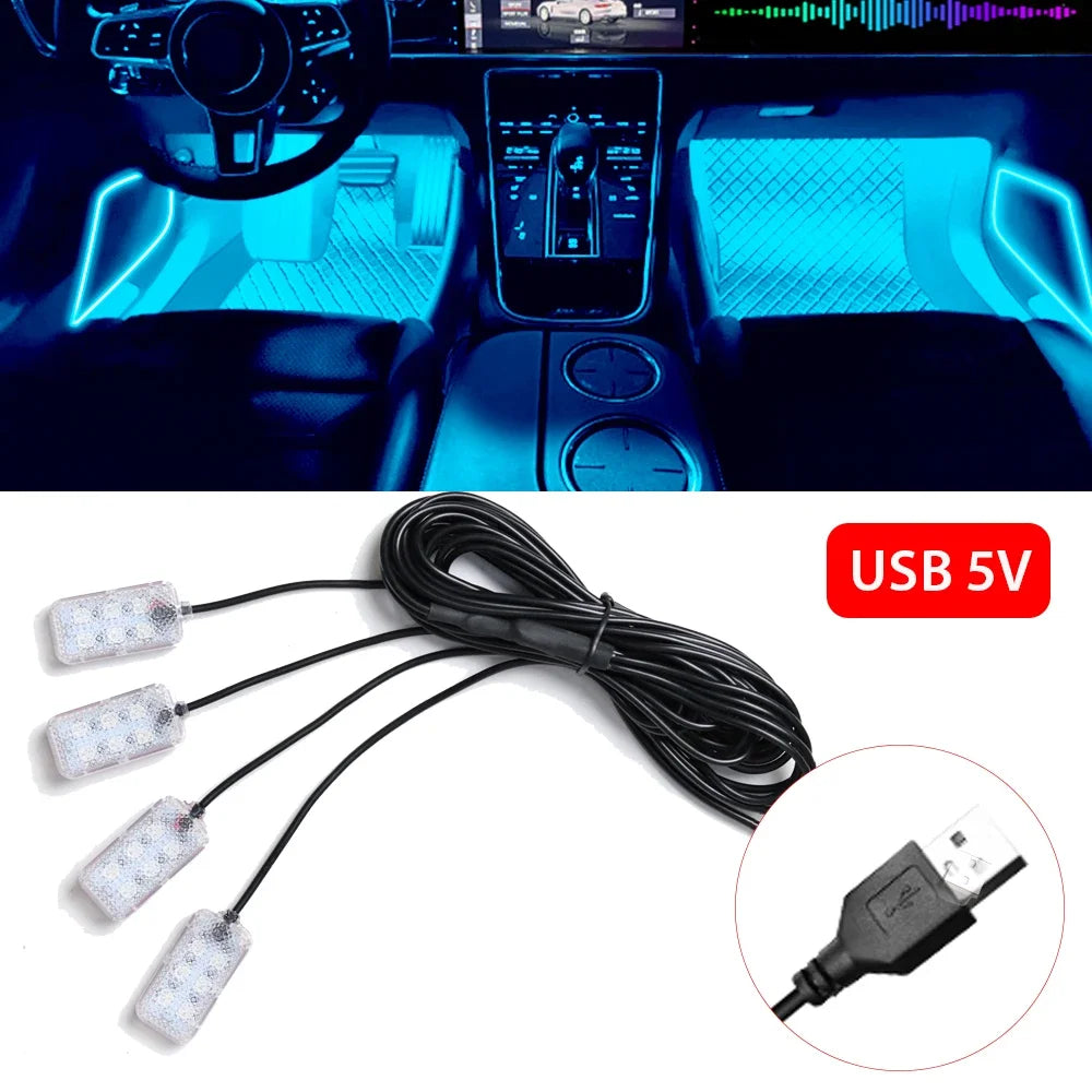 LED Car Interior Ambient Foot Light – USB RGB Atmosphere Lamp with App & Music Control