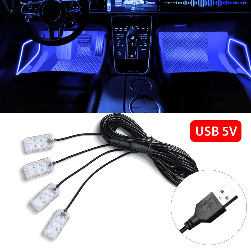 LED Car Interior Ambient Foot Light – USB RGB Atmosphere Lamp with App & Music Control