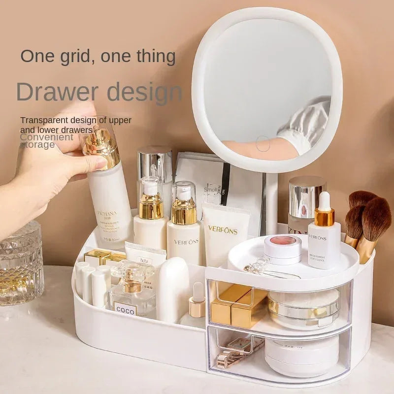 Makeup Organiser with Rechargeable Mirror – Large Capacity Cosmetic Display Case