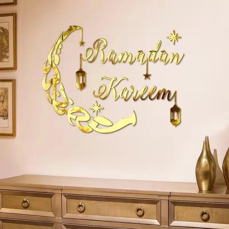 Eid Mubarak Gold Acrylic Mirror Wall Sticker – Ramadan Kareem Large Wall Decal 2026