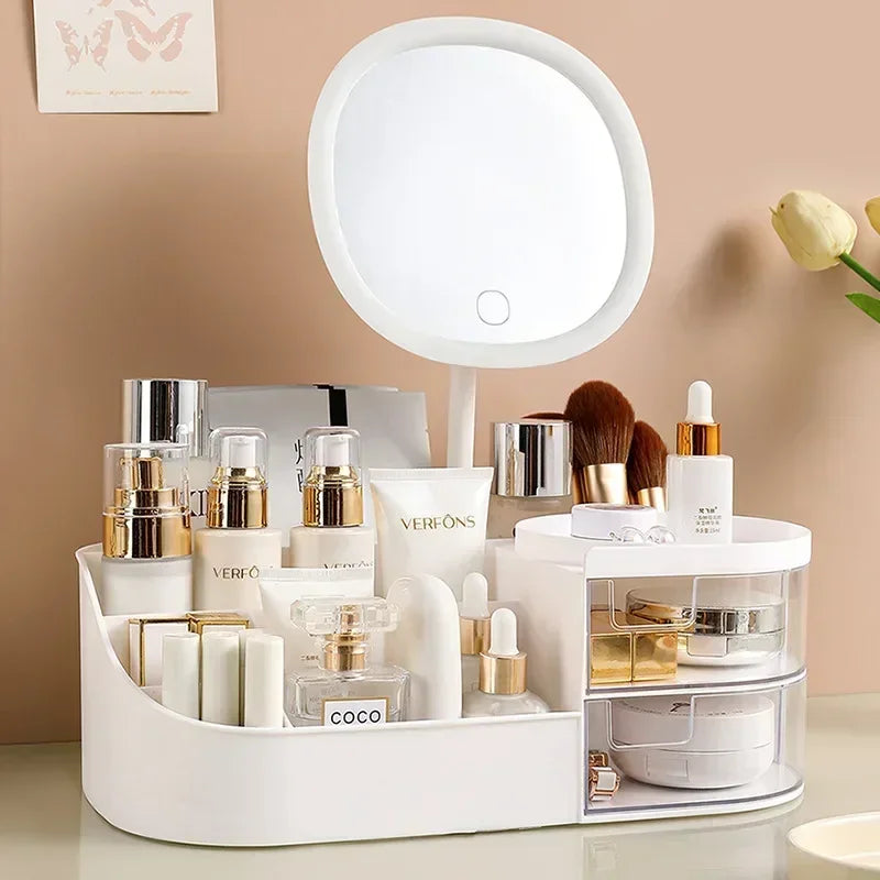Makeup Organiser with Rechargeable Mirror – Large Capacity Cosmetic Display Case