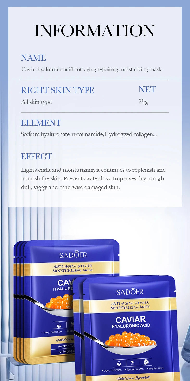 Caviar Hyaluronic Acid Face Masks – Firming & Hydrating (5 Pack)