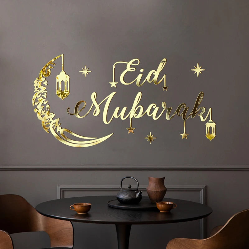 Eid Mubarak Gold Acrylic Mirror Wall Sticker – Ramadan Kareem Large Wall Decal 2026