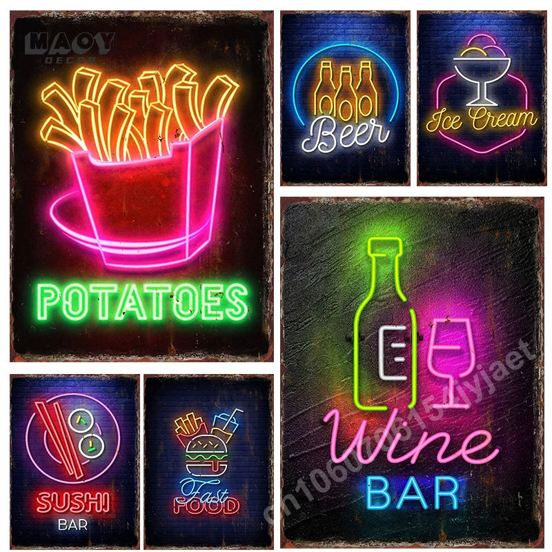 Vintage Neon Food Metal Tin Sign – Restaurant, Bar & Club Wall Decor Plaque
