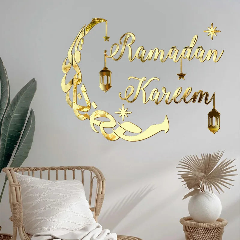 Eid Mubarak Gold Acrylic Mirror Wall Sticker – Ramadan Kareem Large Wall Decal 2026