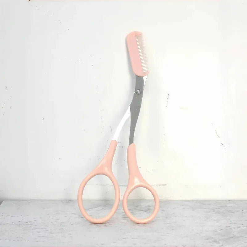 Pink Eyebrow Scissors with Built-In Comb – Stainless Steel Grooming Tool