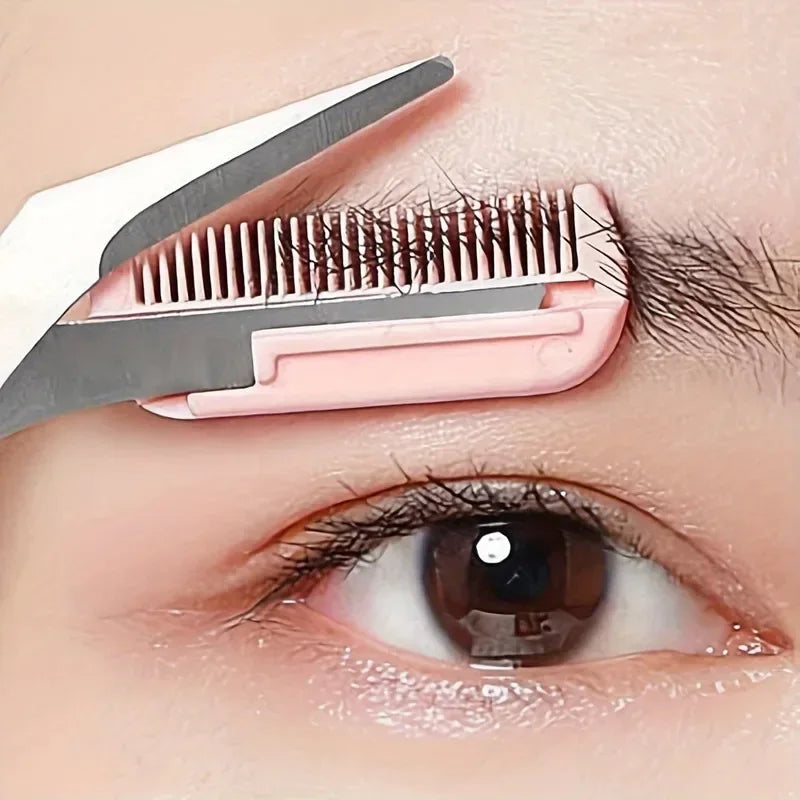 Pink Eyebrow Scissors with Built-In Comb – Stainless Steel Grooming Tool