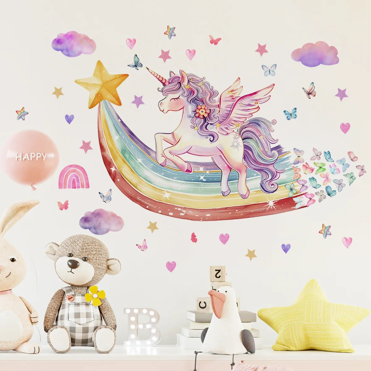 Rainbow Unicorn & Butterfly Wall Stickers – Girls & Kids Bedroom Decor (2pc)