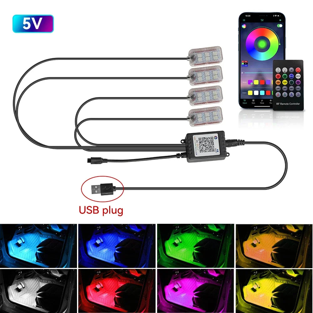 LED Car Interior Ambient Foot Light – USB RGB Atmosphere Lamp with App & Music Control