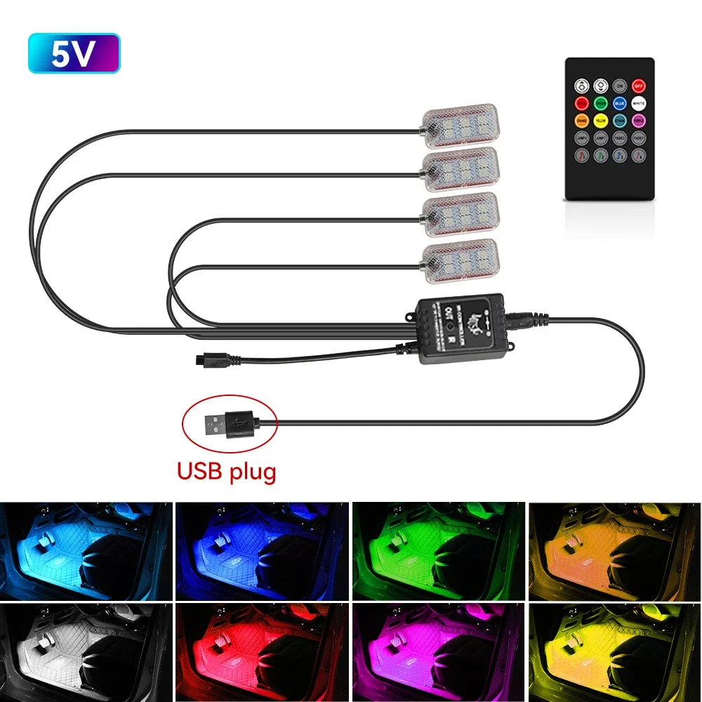 LED Car Interior Ambient Foot Light – USB RGB Atmosphere Lamp with App & Music Control