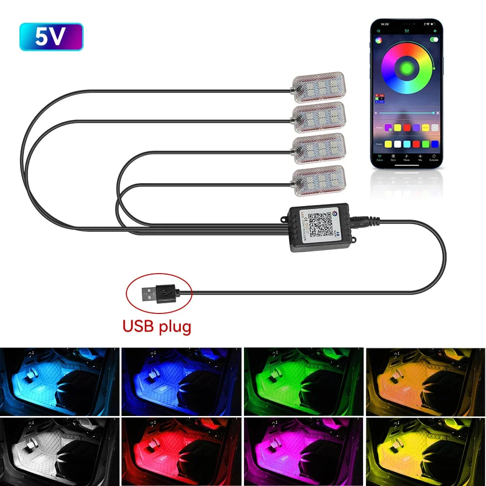 LED Car Interior Ambient Foot Light – USB RGB Atmosphere Lamp with App & Music Control